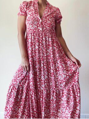 Zara Floral Print Tiered Flowing Midi Maxi Dress Red White Size Small